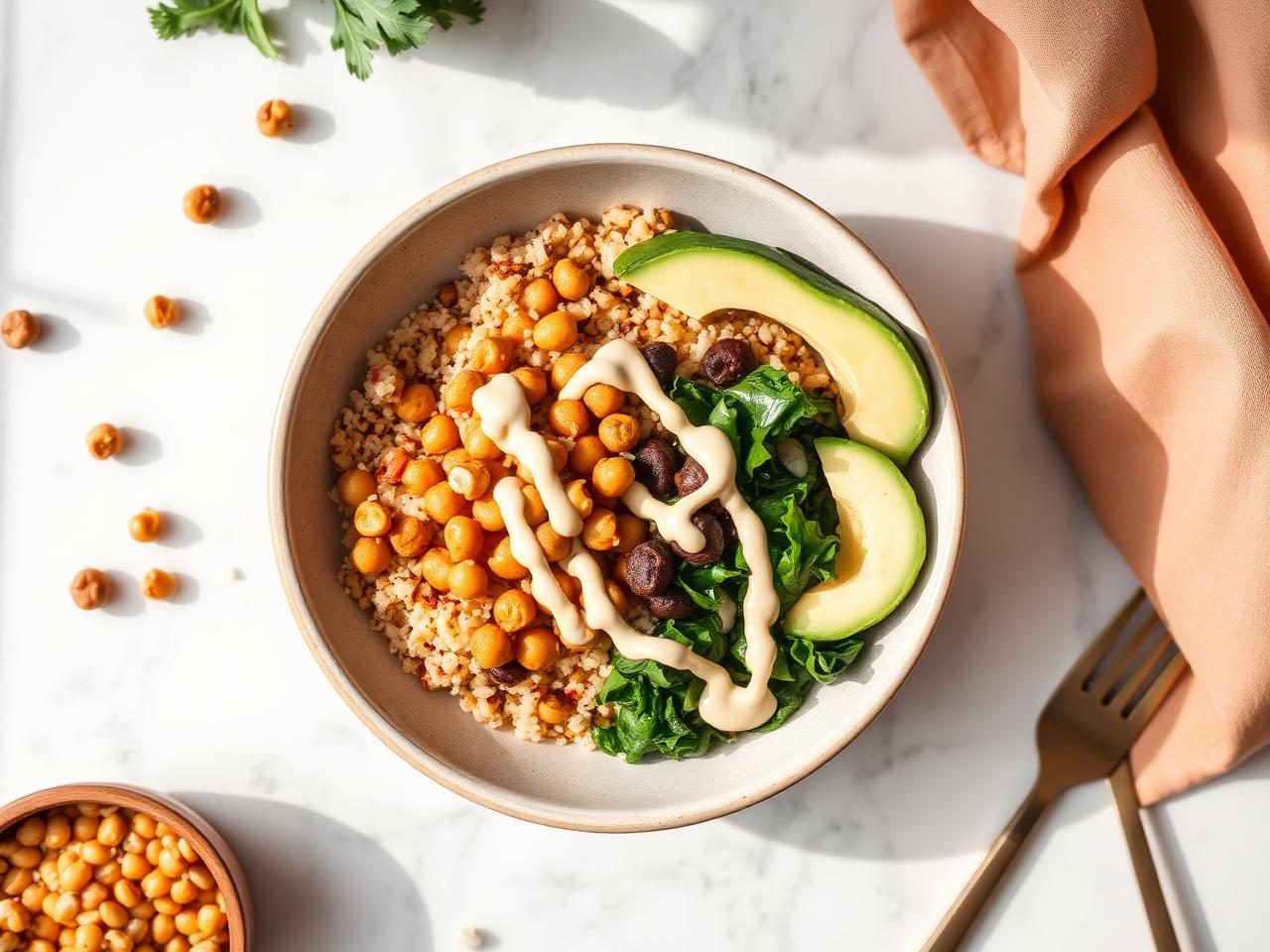 Mediterranean Chickpea Bowl — healthy grain bowl with quinoa, roasted chickpeas, avocado and tahini drizzle