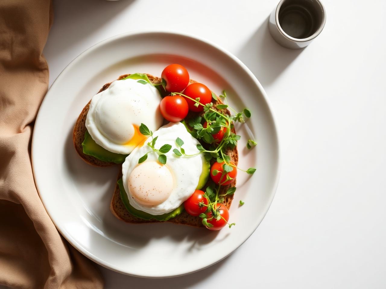 Egg White Veggie Scramble — healthy breakfast plate with poached eggs on whole-grain toast, avocado and cherry tomatoes