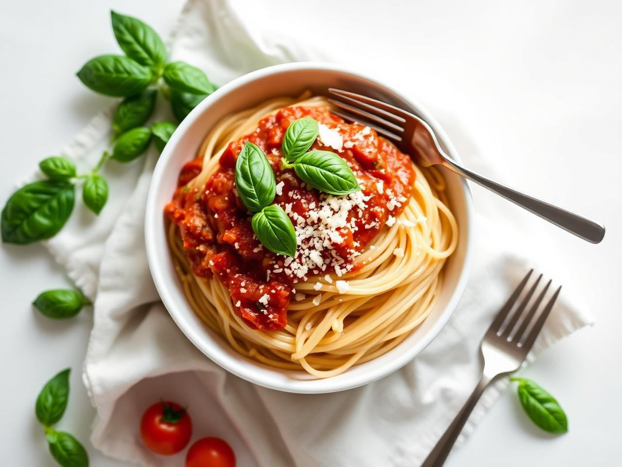 Zucchini Noodle Pesto — whole-grain spaghetti with tomato basil sauce, parmesan and fresh basil leaves